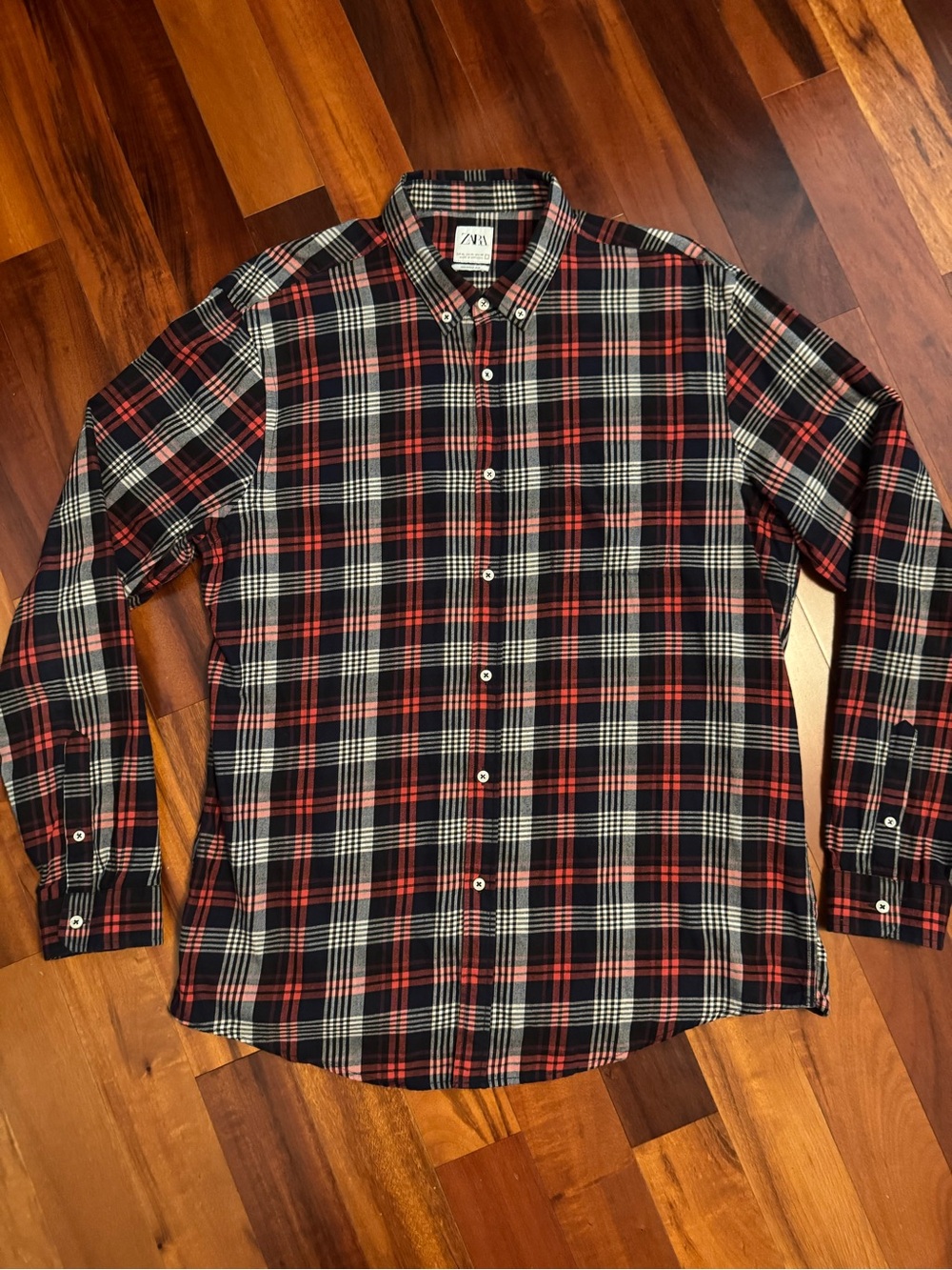 Zara Men’s Red, Black & White Plaid Button-Down Shirt